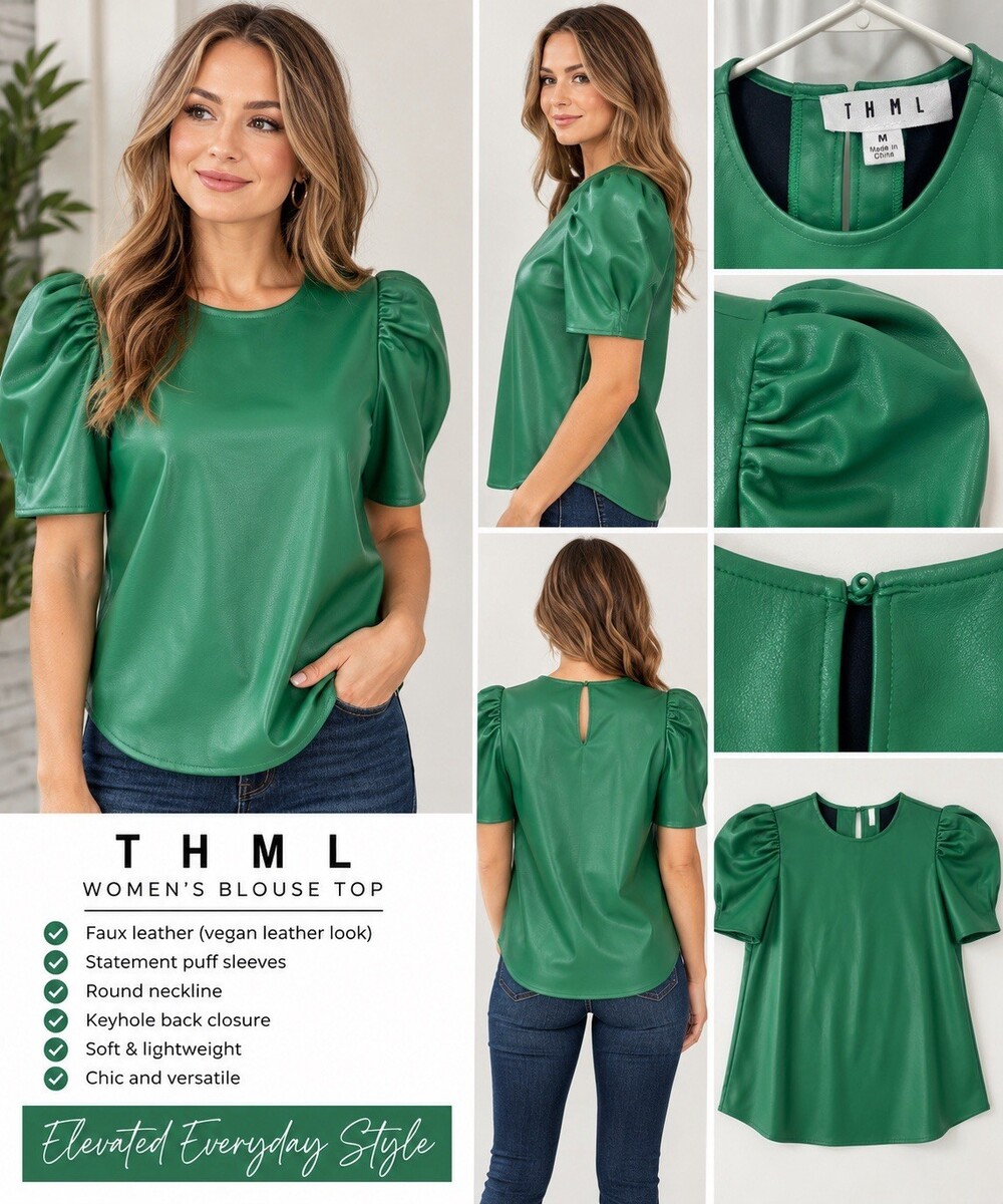THML Green Puff Sleeve Blouse - Picture 2 of 5